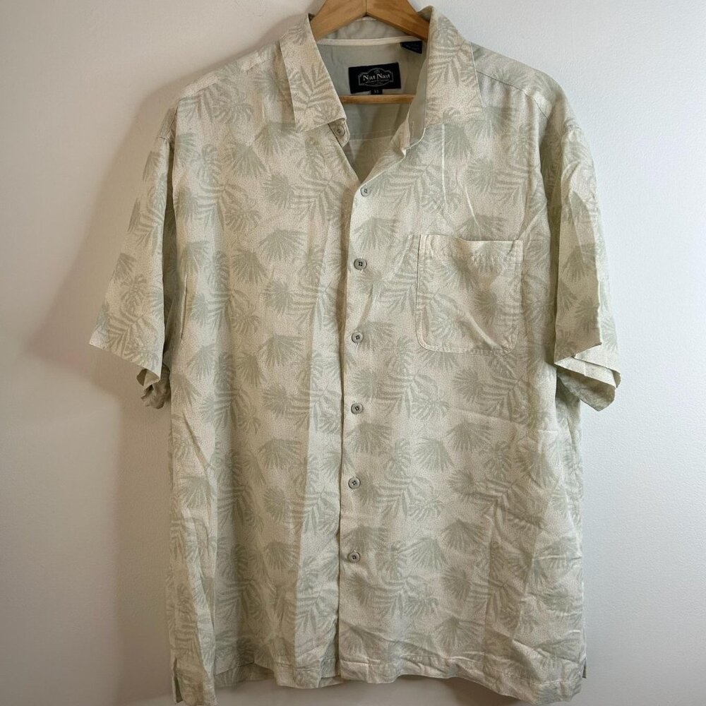 VTG Nat Nast Shirt‎ Mens XL Beige Green Silk Cotton Palm Leaf Hawaiian Tropical